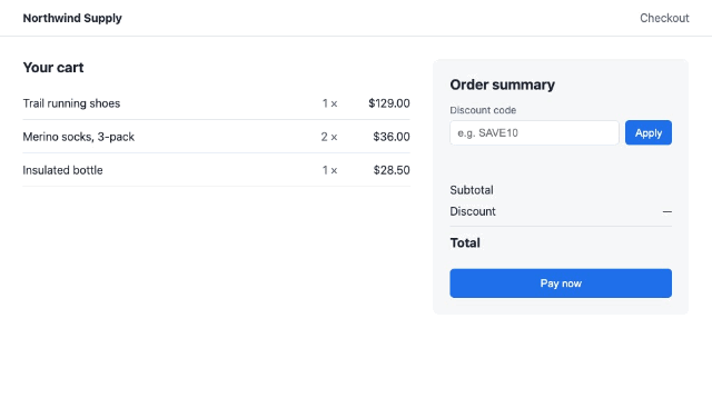 An animation of the checkout: save10 is typed into the discount field, Apply is clicked, and the button stays on Applying… while the total stays at $229.50