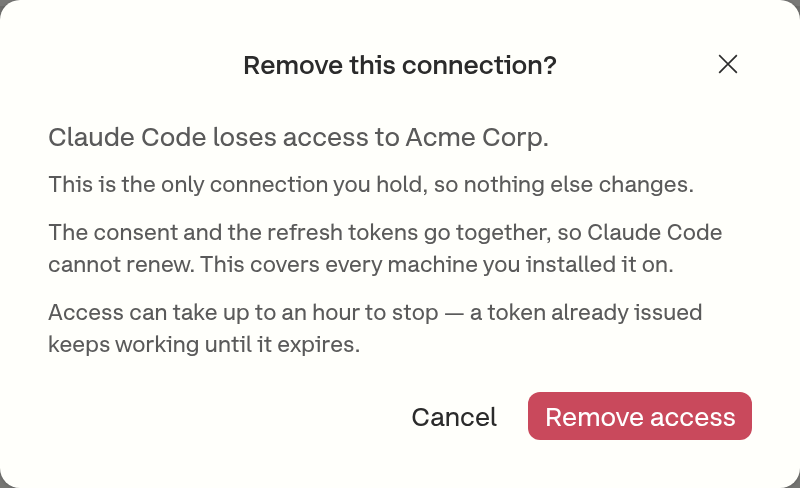 The remove connection dialog, naming the application, the organization it loses access to, and the up to one hour window