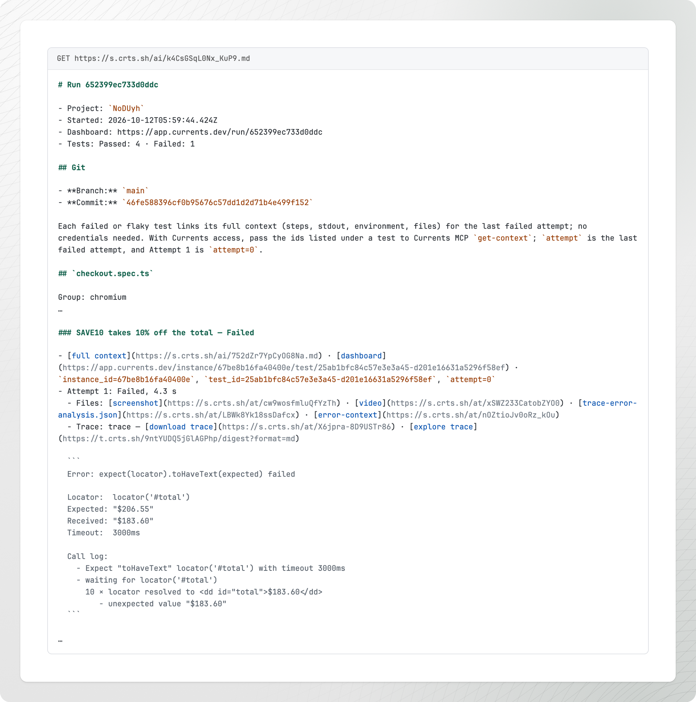 The Markdown version of a Shared Run: the run ID, project and status counts, the branch and commit, then the failed test SAVE10 takes 10% off the total with links to its full context, screenshot, video, error context and trace, and the error: expected $206.55, received $183.60