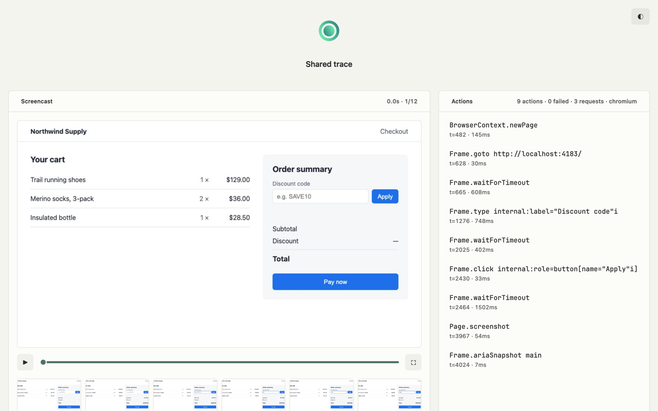 The trace API player: the screencast of the checkout with a play button and frame thumbnails, and the list of 9 actions with their times, 0 failed, 3 requests