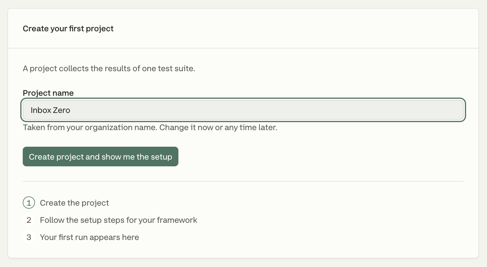 The first project form: a project name field and a button that opens the setup instructions