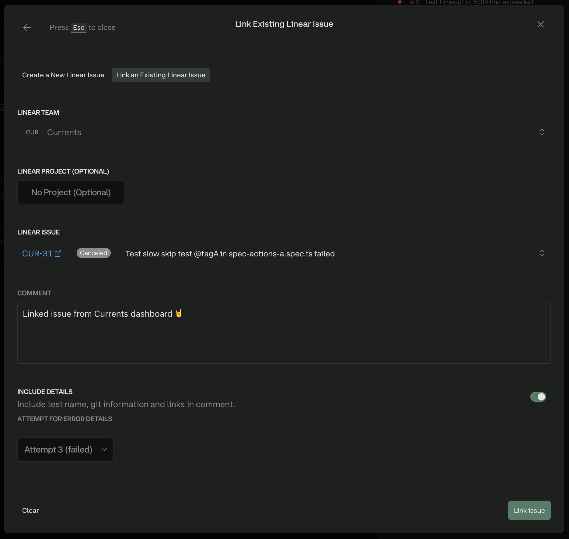 Example of linking test failure to an existing Linear issue
