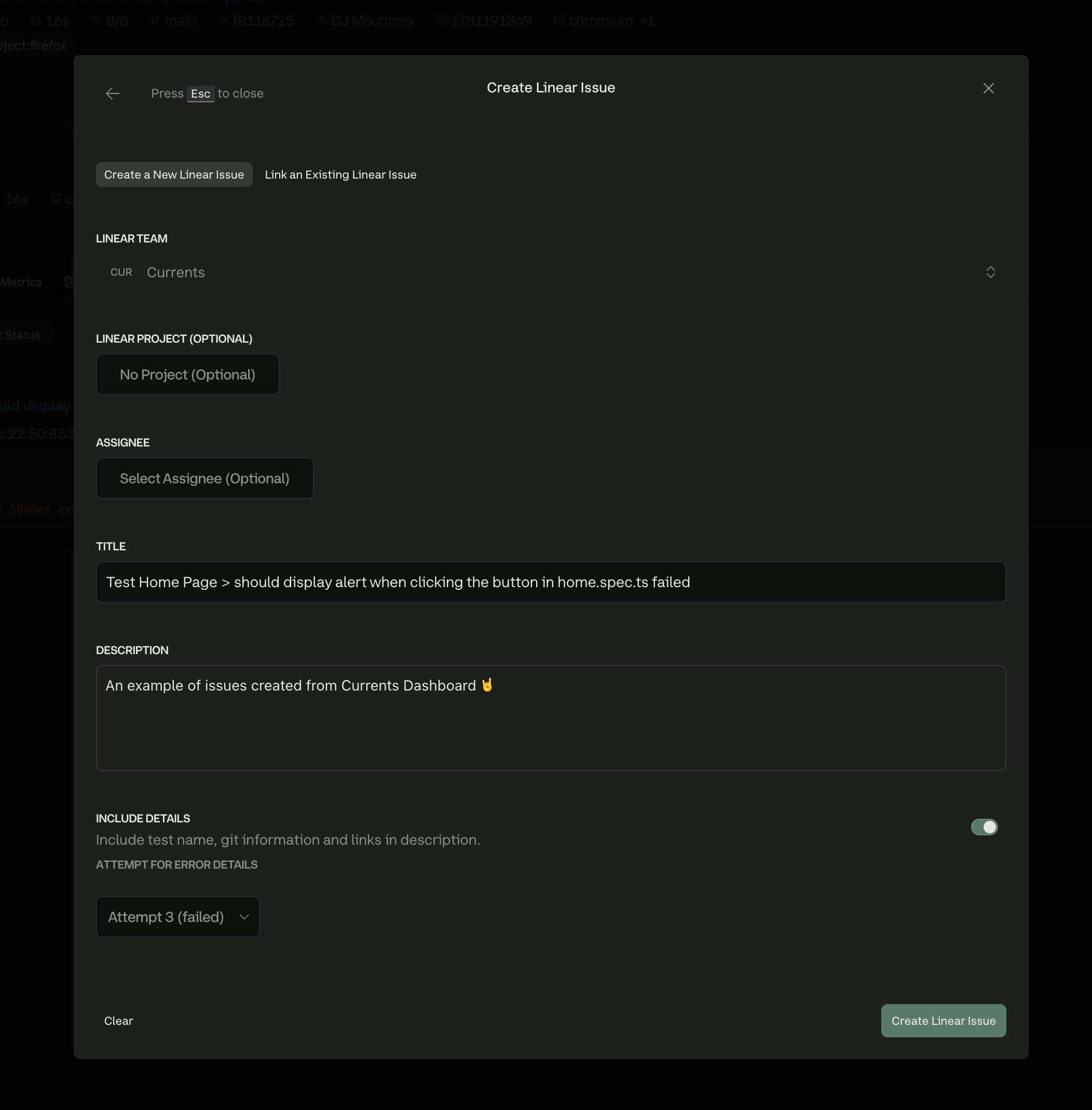 Linear issue creation form