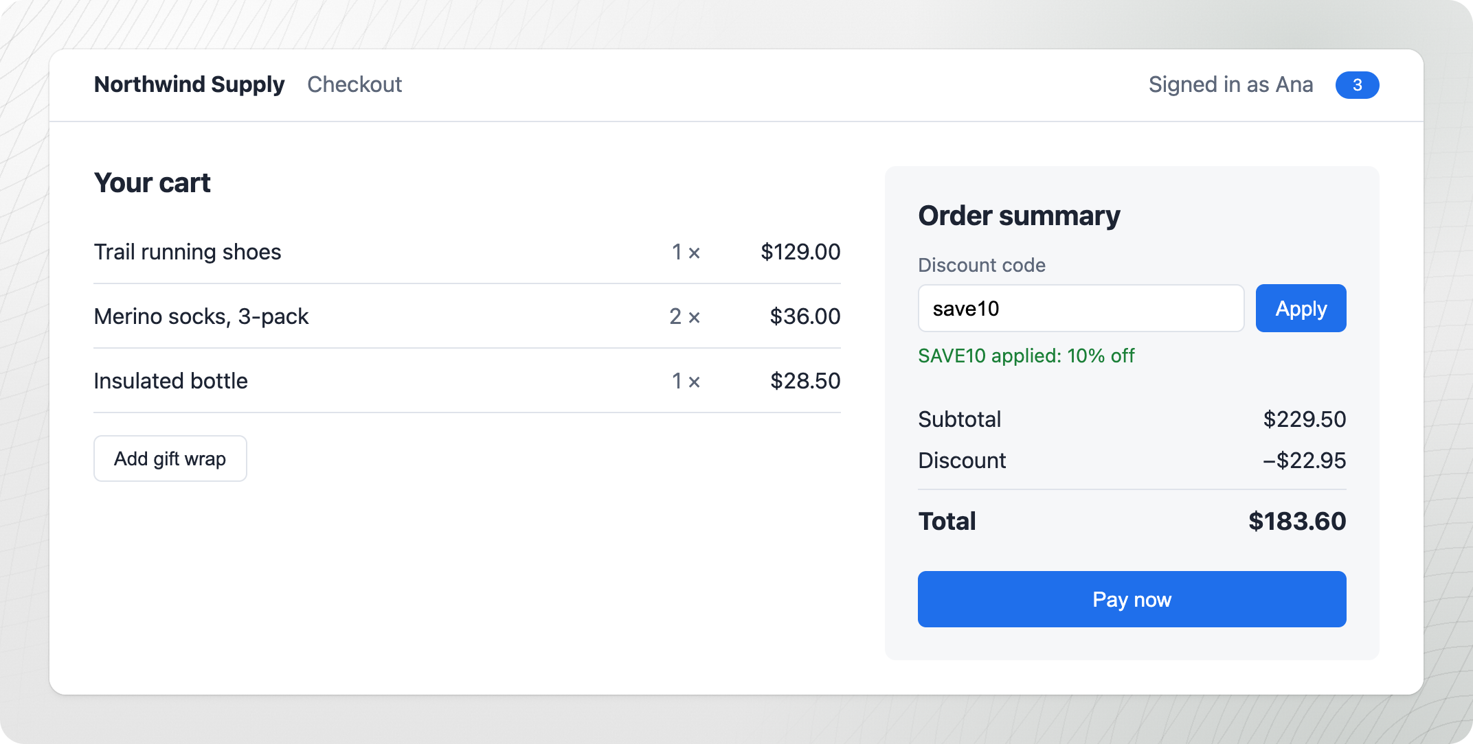 The checkout page rebuilt from the DOM snapshot at the failure: save10 in the discount field, SAVE10 applied: 10% off, a discount of −$22.95 and a total of $183.60