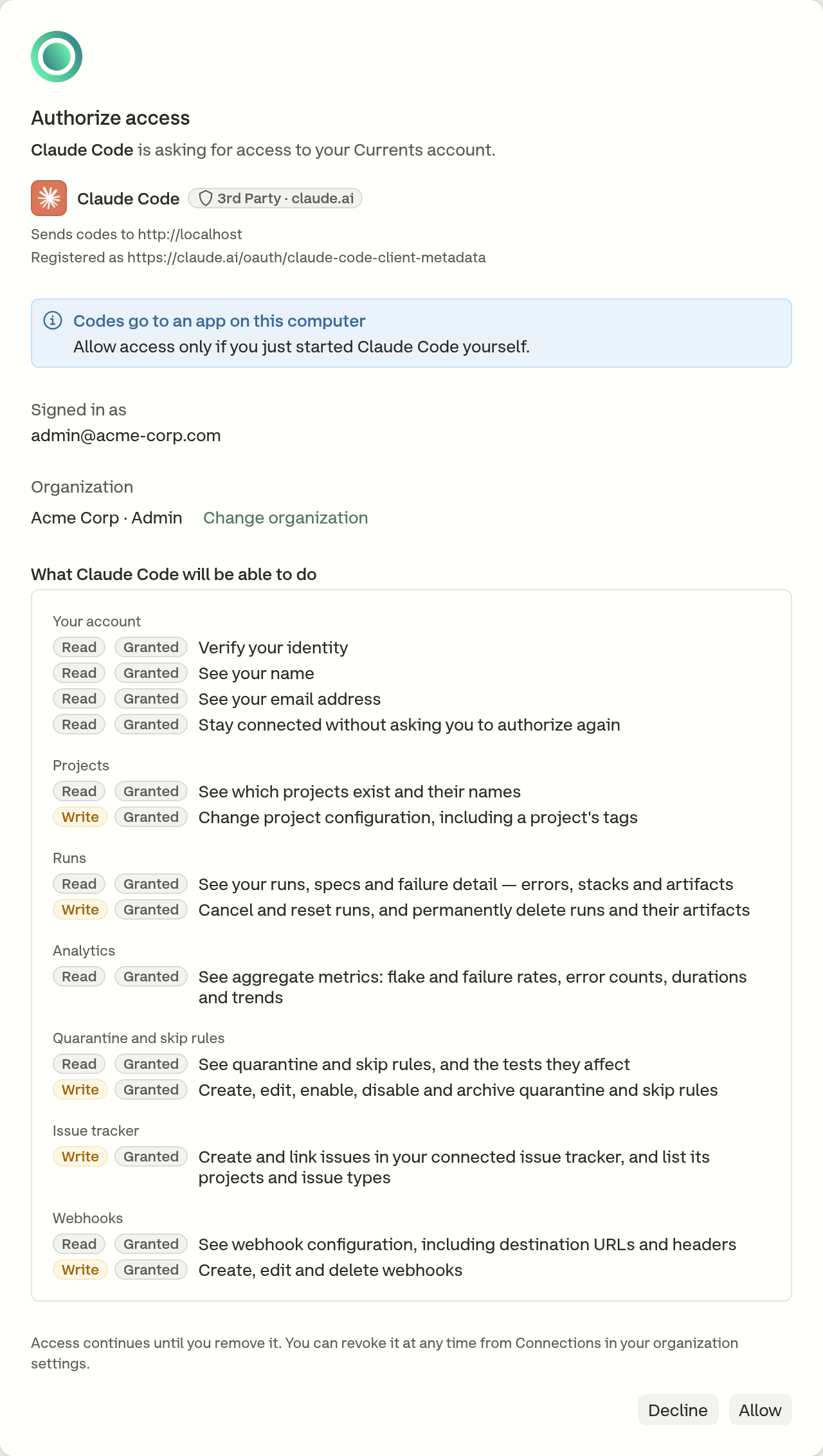 The Currents consent screen, listing the permissions an application requested grouped by area and marked as reads and writes