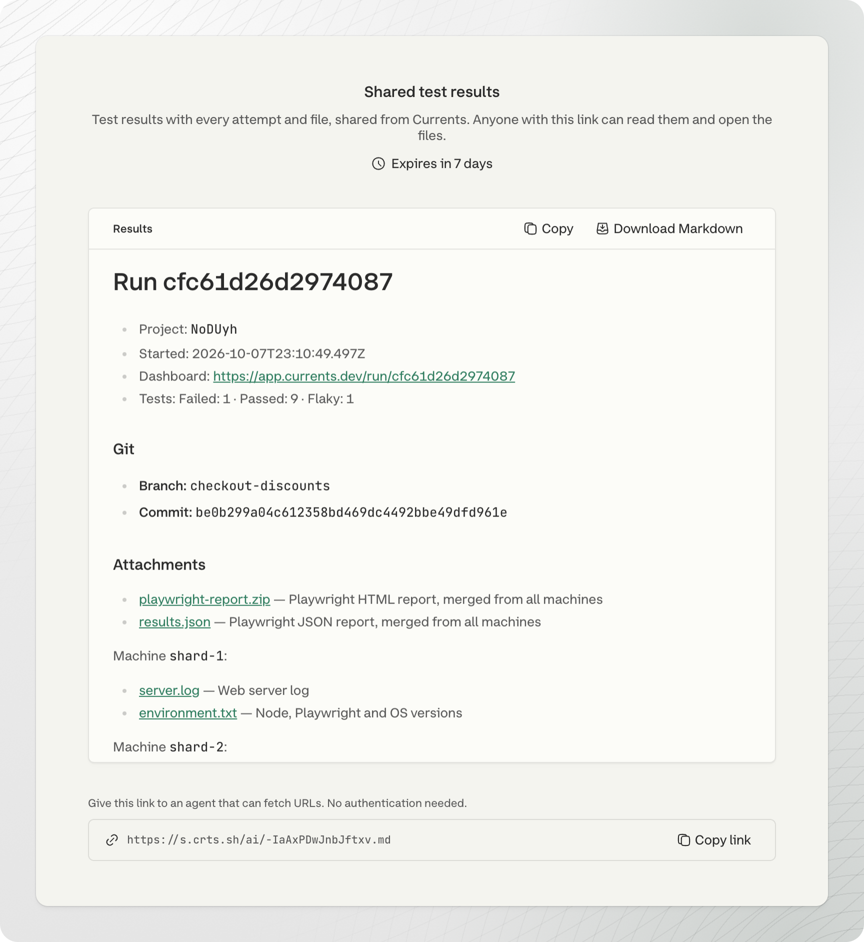 A Shared Run page: the run status counts, the branch and commit, the run attachments, and the Markdown link for agents at the bottom