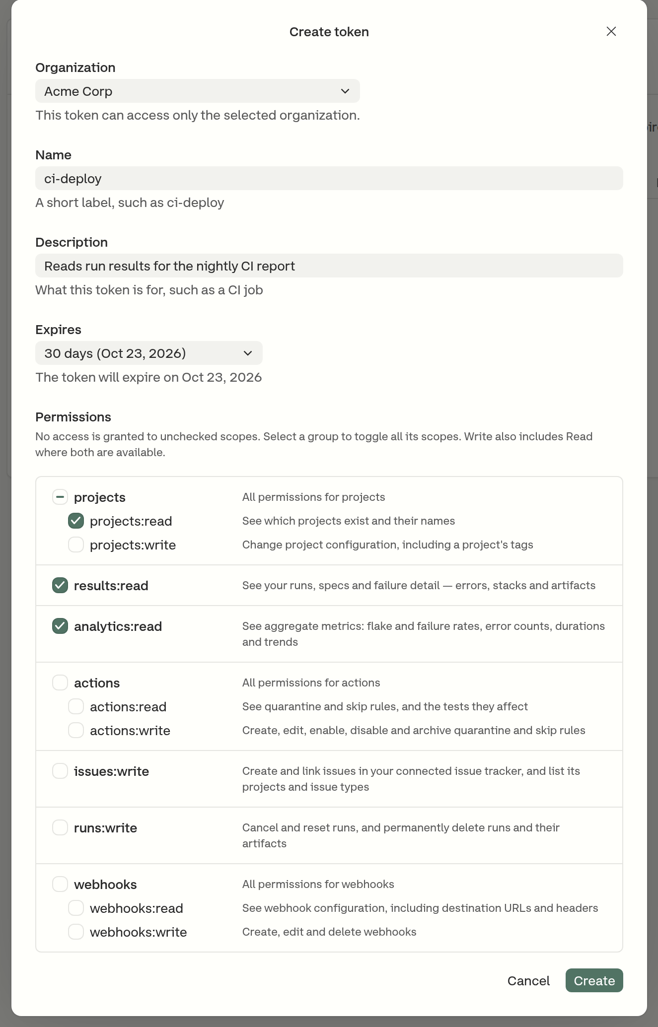 The Create token dialog, with the organization, name, description and expiry filled in and three read permissions selected