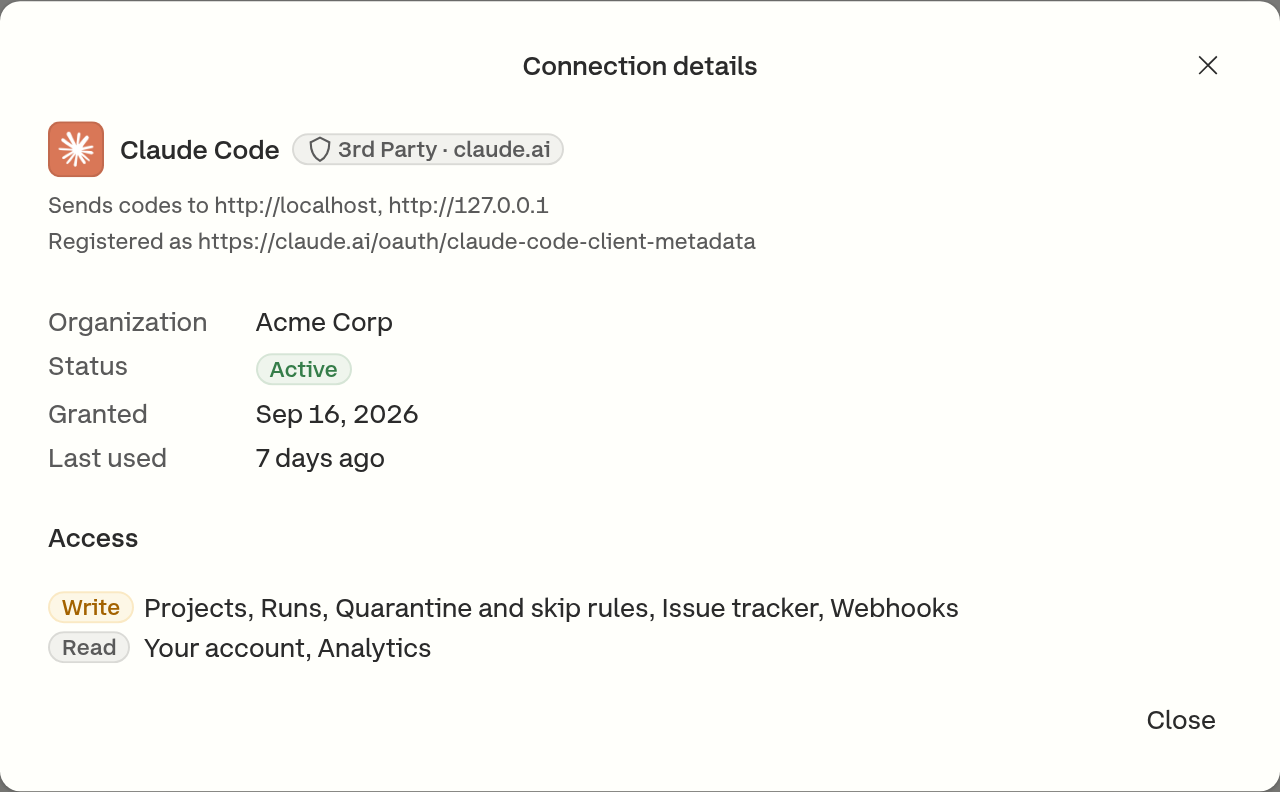 The Connection details dialog, naming the application, its organization, status, grant date and last use, and listing the areas it can write and the areas it can only read