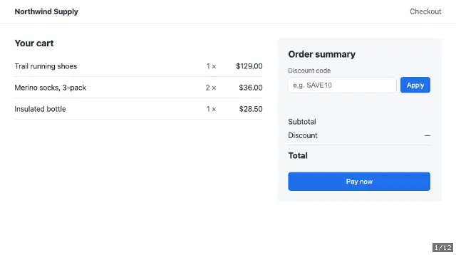 An animation of the checkout with the frame number in the bottom right corner: save10 is typed into the discount field, Apply is clicked, and the button stays on Applying… while the total stays at $229.50