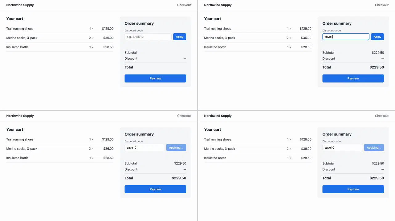 Four frames of the checkout in a grid: the empty discount field, save10 being typed, then twice the Apply button greyed out as Applying… with the total unchanged at $229.50