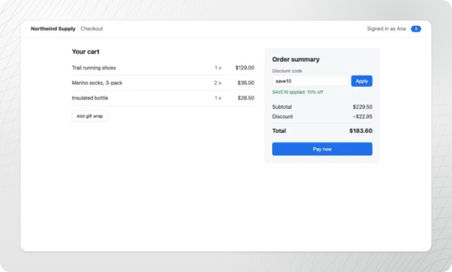 The checkout at the failure: SAVE10 applied, a discount of −$22.95 and a total of $183.60
