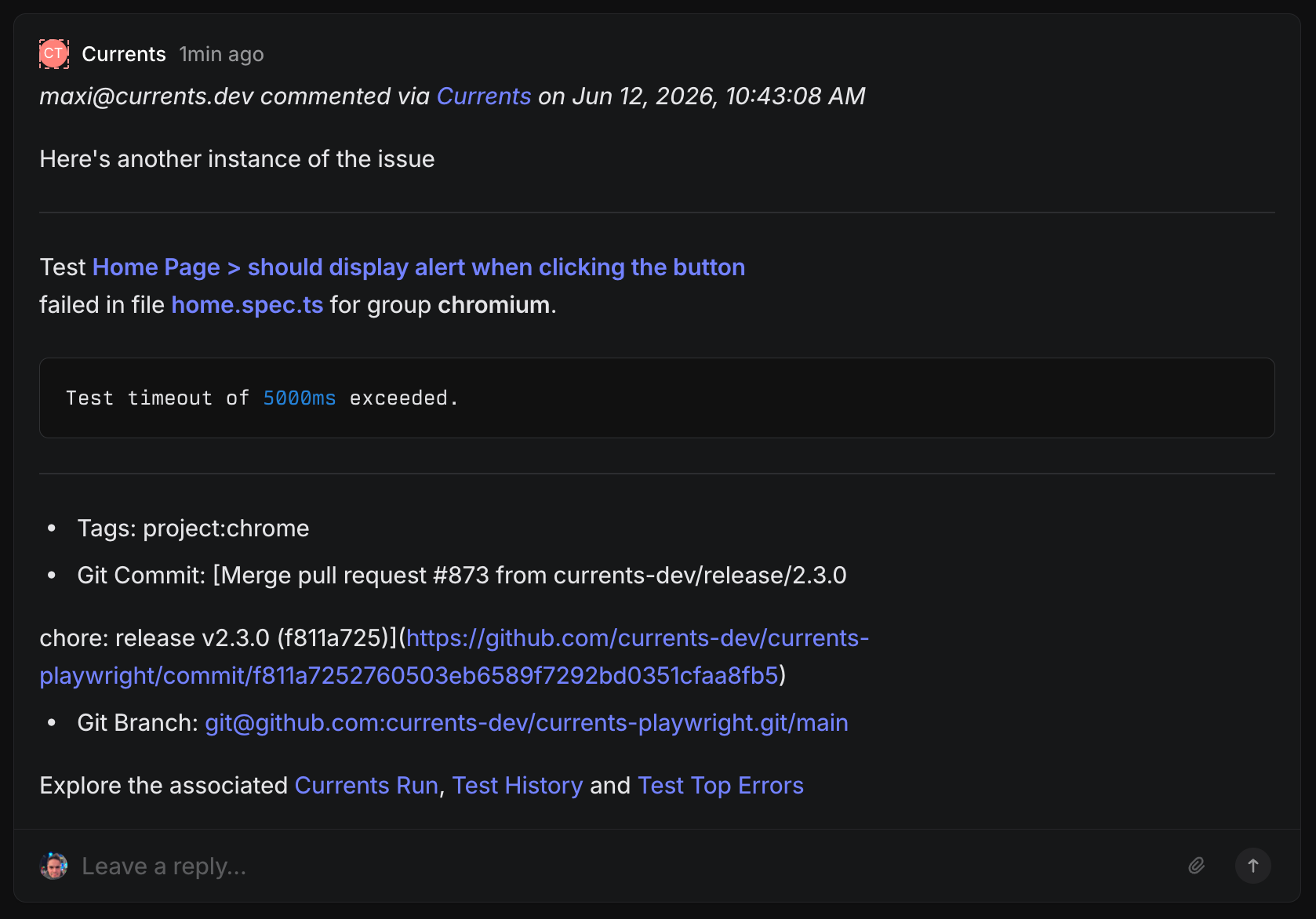 Example of a Linear issue comment originating from Currents