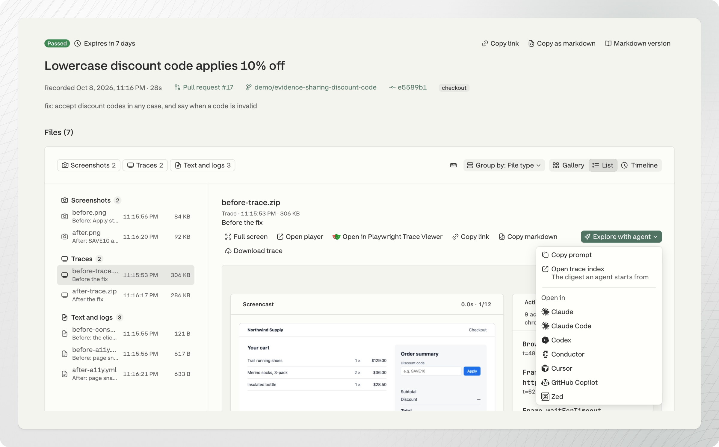A trace on a session page with the Explore with agent menu open: Copy prompt, Open trace index, and Open in Claude, Claude Code, Codex, Conductor, Cursor, GitHub Copilot or Zed